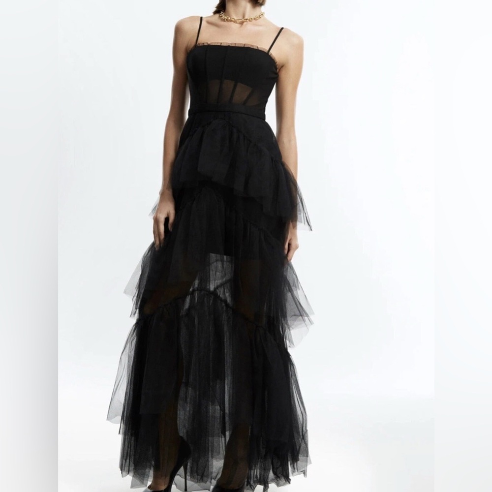 BCBG Maxazria $498 Oly Tiered Ruffle Tulle Corset Black Gown Dress Whimsigoth